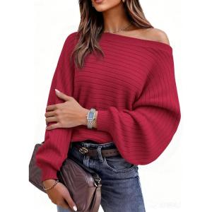 imagePRETTYGARDEN Fall Sweaters for Women 2025 Oversized Boat Neck Pullover Long Sleeve Knit Tops Cozy Winter Fashion ClothingRed