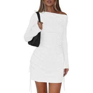 imagePRETTYGARDEN Long Sleeve Dress for Women Early Fall Fashion 2025 Cocktail Party Bodycon Off The Shoulder Mini Ruched DressesWhite