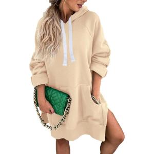 imagePRETTYGARDEN Oversized Sweatshirt for Women 2025 Fall Pullover Casual Long Sleeve Split Hem Hoodie Dress with Kangaroo PocketApricot