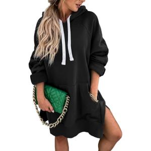 imagePRETTYGARDEN Oversized Sweatshirt for Women 2025 Fall Pullover Casual Long Sleeve Split Hem Hoodie Dress with Kangaroo PocketBlack