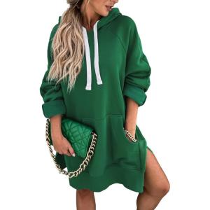 imagePRETTYGARDEN Oversized Sweatshirt for Women 2025 Fall Pullover Casual Long Sleeve Split Hem Hoodie Dress with Kangaroo PocketDark Green