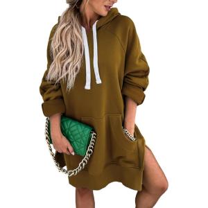 imagePRETTYGARDEN Oversized Sweatshirt for Women 2025 Fall Pullover Casual Long Sleeve Split Hem Hoodie Dress with Kangaroo PocketDark Khaki