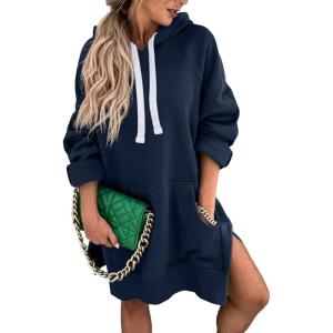 imagePRETTYGARDEN Oversized Sweatshirt for Women 2025 Fall Pullover Casual Long Sleeve Split Hem Hoodie Dress with Kangaroo PocketNavy