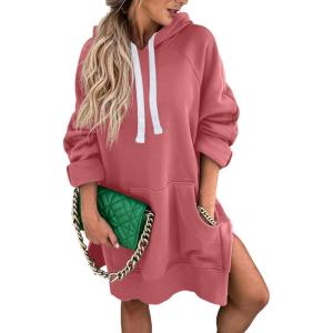 imagePRETTYGARDEN Oversized Sweatshirt for Women 2025 Fall Pullover Casual Long Sleeve Split Hem Hoodie Dress with Kangaroo PocketPink
