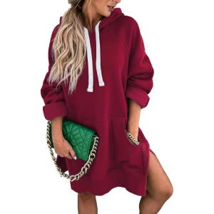 imagePRETTYGARDEN Oversized Sweatshirt for Women 2025 Fall Pullover Casual Long Sleeve Split Hem Hoodie Dress with Kangaroo PocketWine Red