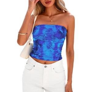 imagePRETTYGARDEN Strapless Tube Tops for Women 2025 Summer Mesh Floral Y2K Bandeau Cute Crop Top Trendy Going Out OutfitsBright Blue
