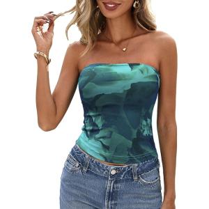 imagePRETTYGARDEN Strapless Tube Tops for Women 2025 Summer Mesh Floral Y2K Bandeau Cute Crop Top Trendy Going Out OutfitsLake Blue