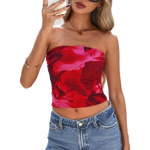 imagePRETTYGARDEN Strapless Tube Tops for Women 2025 Summer Mesh Floral Y2K Bandeau Cute Crop Top Trendy Going Out OutfitsRed