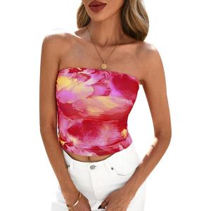 imagePRETTYGARDEN Strapless Tube Tops for Women 2025 Summer Mesh Floral Y2K Bandeau Cute Crop Top Trendy Going Out OutfitsRose Red