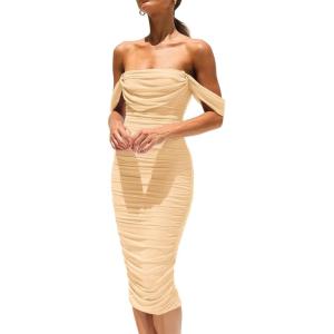 imagePRETTYGARDEN Wedding Guest Dress 2025 Summer Off Shoulder Ruched Elegant Sexy Bodycon Homecoming Cocktail Party Midi DressApricot