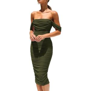 imagePRETTYGARDEN Wedding Guest Dress 2025 Summer Off Shoulder Ruched Elegant Sexy Bodycon Homecoming Cocktail Party Midi DressArmy Green
