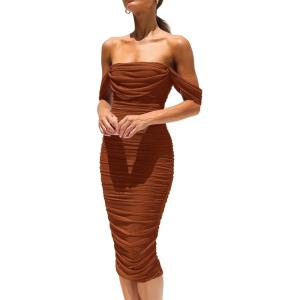 imagePRETTYGARDEN Wedding Guest Dress 2025 Summer Off Shoulder Ruched Elegant Sexy Bodycon Homecoming Cocktail Party Midi DressCaramel