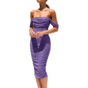 imagePRETTYGARDEN Wedding Guest Dress 2025 Summer Off Shoulder Ruched Elegant Sexy Bodycon Homecoming Cocktail Party Midi DressGrey Purple