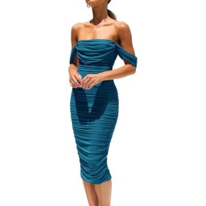 imagePRETTYGARDEN Wedding Guest Dress 2025 Summer Off Shoulder Ruched Elegant Sexy Bodycon Homecoming Cocktail Party Midi DressLake Blue