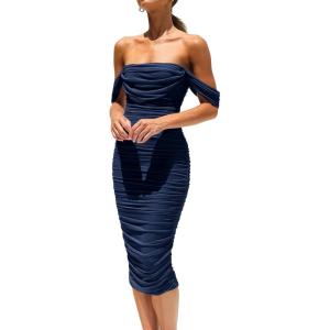 imagePRETTYGARDEN Wedding Guest Dress 2025 Summer Off Shoulder Ruched Elegant Sexy Bodycon Homecoming Cocktail Party Midi DressNavy