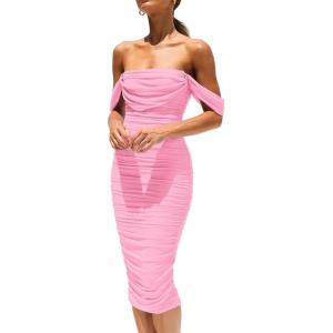 imagePRETTYGARDEN Wedding Guest Dress 2025 Summer Off Shoulder Ruched Elegant Sexy Bodycon Homecoming Cocktail Party Midi DressPink