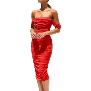 imagePRETTYGARDEN Wedding Guest Dress 2025 Summer Off Shoulder Ruched Elegant Sexy Bodycon Homecoming Cocktail Party Midi DressRed