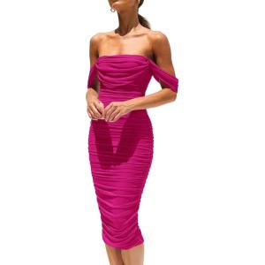 imagePRETTYGARDEN Wedding Guest Dress 2025 Summer Off Shoulder Ruched Elegant Sexy Bodycon Homecoming Cocktail Party Midi DressRose Red