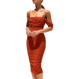 imagePRETTYGARDEN Wedding Guest Dress 2025 Summer Off Shoulder Ruched Elegant Sexy Bodycon Homecoming Cocktail Party Midi DressRust Red