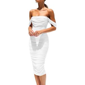 imagePRETTYGARDEN Wedding Guest Dress 2025 Summer Off Shoulder Ruched Elegant Sexy Bodycon Homecoming Cocktail Party Midi DressWhite