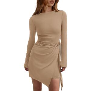 imagePRETTYGARDEN Women 2025 Mini Bodycon Dresses Long Sleeve Ruched Fitted Short Night Out Trendy Party Club Outfits Fall ClothesKhaki