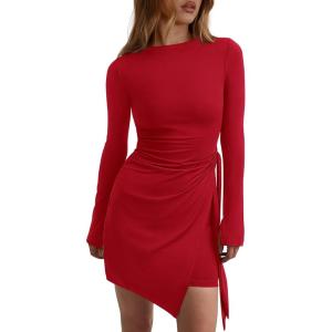imagePRETTYGARDEN Women 2025 Mini Bodycon Dresses Long Sleeve Ruched Fitted Short Night Out Trendy Party Club Outfits Fall ClothesRed