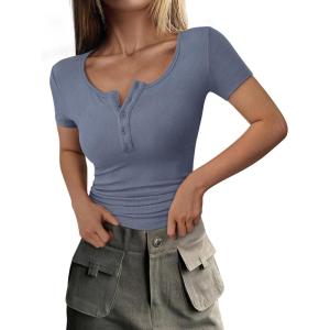 imagePRETTYGARDEN Womens 2025 Fall Summer Short Sleeve Tops Ribbed Henley Button Slim Fit Basic Casual T Shirts Blouse ClothingBlue Grey