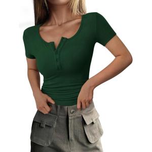 imagePRETTYGARDEN Womens 2025 Fall Summer Short Sleeve Tops Ribbed Henley Button Slim Fit Basic Casual T Shirts Blouse ClothingDark Green