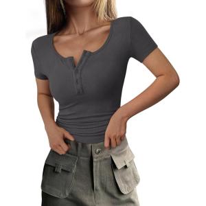 imagePRETTYGARDEN Womens 2025 Fall Summer Short Sleeve Tops Ribbed Henley Button Slim Fit Basic Casual T Shirts Blouse ClothingDark Grey