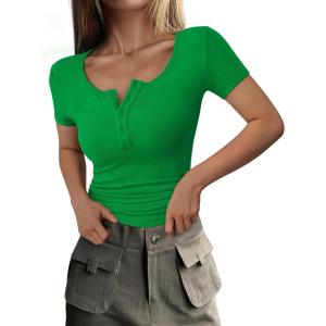 imagePRETTYGARDEN Womens 2025 Fall Summer Short Sleeve Tops Ribbed Henley Button Slim Fit Basic Casual T Shirts Blouse ClothingGreen