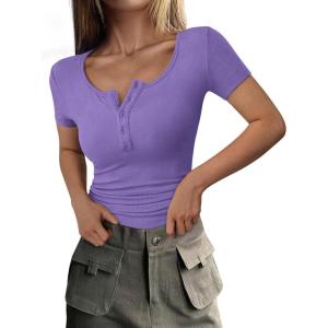 imagePRETTYGARDEN Womens 2025 Fall Summer Short Sleeve Tops Ribbed Henley Button Slim Fit Basic Casual T Shirts Blouse ClothingGrey Purple