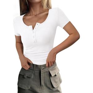 imagePRETTYGARDEN Womens 2025 Fall Summer Short Sleeve Tops Ribbed Henley Button Slim Fit Basic Casual T Shirts Blouse ClothingWhite