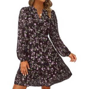 imagePRETTYGARDEN Womens Fall Boho Dresses 2025 Floral Long Sleeve V Neck Mini Flowy Wedding Guest Dress Trendy Vacation OutfitsFloral Coffee