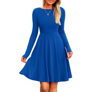 imagePRETTYGARDEN Womens Fall Short Dress Ribbed Knit Crewneck Long Sleeve A Line Flowy Casual Elegant Going Out Winter DressesBlue