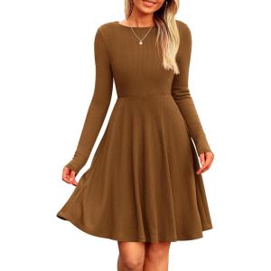 imagePRETTYGARDEN Womens Fall Short Dress Ribbed Knit Crewneck Long Sleeve A Line Flowy Casual Elegant Going Out Winter DressesBrown
