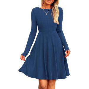 imagePRETTYGARDEN Womens Fall Short Dress Ribbed Knit Crewneck Long Sleeve A Line Flowy Casual Elegant Going Out Winter DressesDark Blue