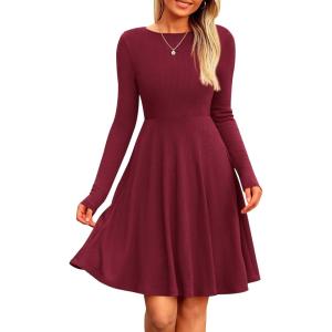 imagePRETTYGARDEN Womens Fall Short Dress Ribbed Knit Crewneck Long Sleeve A Line Flowy Casual Elegant Going Out Winter DressesWine Red