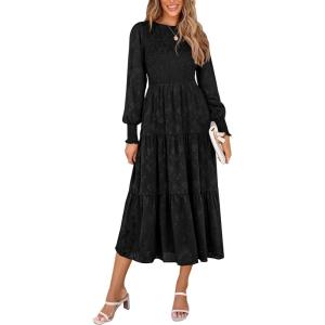 imagePRETTYGARDEN Womens Fall Spring Midi Dress Long Sleeve Floral Smocked Elegant Wedding Guest Long Flowy Dresses with PocketsBlack