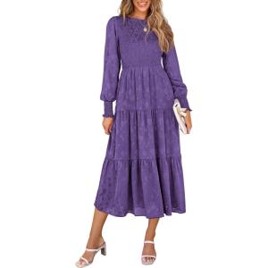 imagePRETTYGARDEN Womens Fall Spring Midi Dress Long Sleeve Floral Smocked Elegant Wedding Guest Long Flowy Dresses with PocketsDark Purple