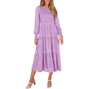 imagePRETTYGARDEN Womens Fall Spring Midi Dress Long Sleeve Floral Smocked Elegant Wedding Guest Long Flowy Dresses with PocketsPurple