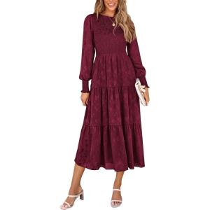 imagePRETTYGARDEN Womens Fall Spring Midi Dress Long Sleeve Floral Smocked Elegant Wedding Guest Long Flowy Dresses with PocketsWine Red