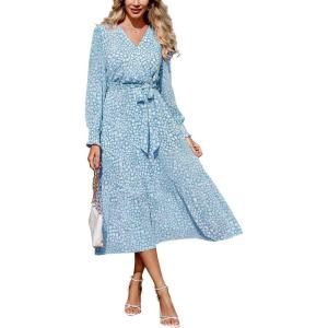 imagePRETTYGARDEN Womens Floral Boho Dress Fall Long Sleeve Wrap V Neck Ruffle Flowy Maxi Spring Wedding Guest Vacation DressesDark Blue