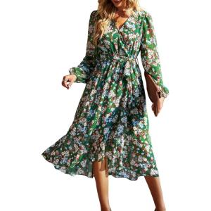 imagePRETTYGARDEN Womens Floral Boho Dress Fall Long Sleeve Wrap V Neck Ruffle Flowy Maxi Spring Wedding Guest Vacation DressesFloral Green