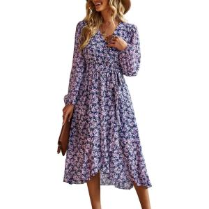 imagePRETTYGARDEN Womens Floral Boho Dress Fall Long Sleeve Wrap V Neck Ruffle Flowy Maxi Spring Wedding Guest Vacation DressesFloral Navy