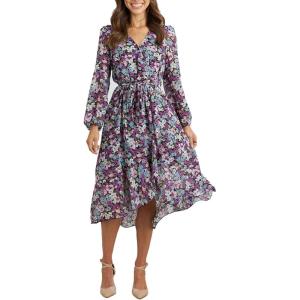 imagePRETTYGARDEN Womens Floral Boho Dress Fall Long Sleeve Wrap V Neck Ruffle Flowy Maxi Spring Wedding Guest Vacation DressesFloral Purple