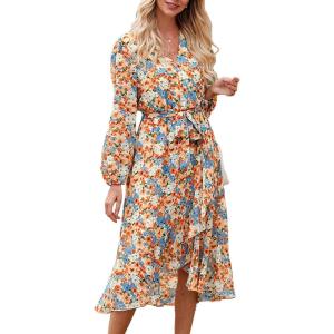 imagePRETTYGARDEN Womens Floral Boho Dress Fall Long Sleeve Wrap V Neck Ruffle Flowy Maxi Spring Wedding Guest Vacation DressesFloral Yellow