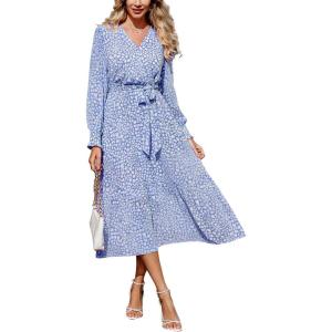 imagePRETTYGARDEN Womens Floral Boho Dress Fall Long Sleeve Wrap V Neck Ruffle Flowy Maxi Spring Wedding Guest Vacation DressesLight Blue