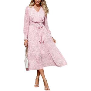 imagePRETTYGARDEN Womens Floral Boho Dress Fall Long Sleeve Wrap V Neck Ruffle Flowy Maxi Spring Wedding Guest Vacation DressesPink