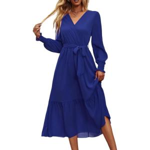 imagePRETTYGARDEN Womens Floral Boho Dress Fall Long Sleeve Wrap V Neck Ruffle Flowy Maxi Spring Wedding Guest Vacation DressesSolid Blue