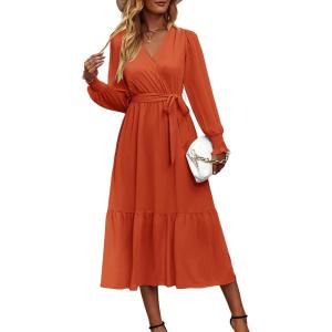 imagePRETTYGARDEN Womens Floral Boho Dress Fall Long Sleeve Wrap V Neck Ruffle Flowy Maxi Spring Wedding Guest Vacation DressesSolid Brick Red